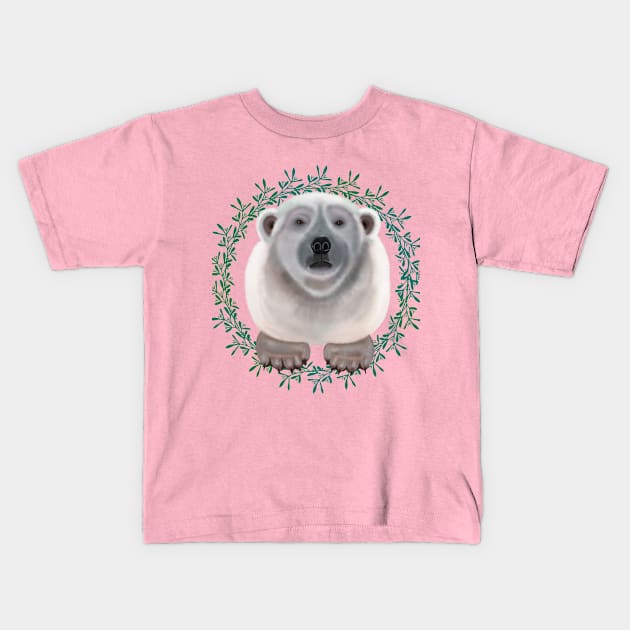 Polar Bear on circular mistletoe pattern Kids T-Shirt by KateVanFloof